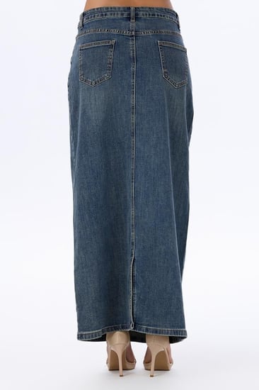 تنورة جينز طويلة بلون أزرق داكن