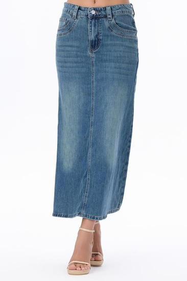 تنورة جينز طويلة بقصة واسعة وخصر عالي | Prando