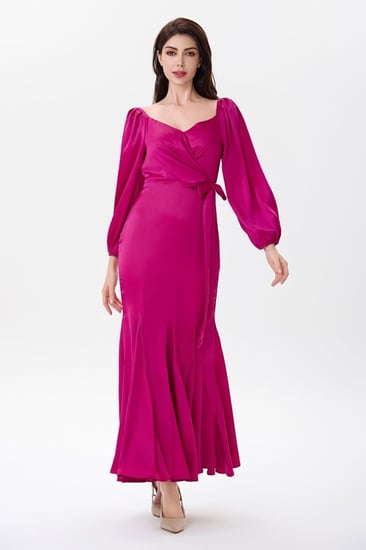 فستان ستان فوشيا مع رباط