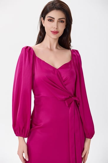 فستان ستان فوشيا مع رباط