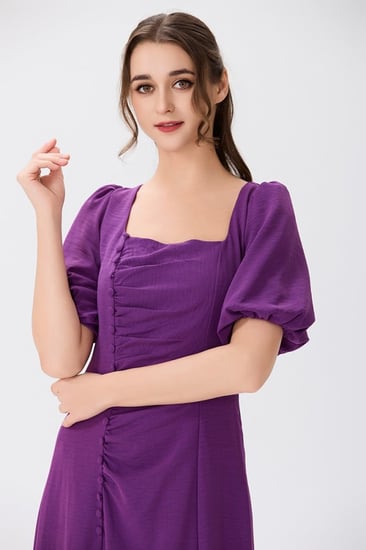 فستان كتان موف بياقة مربعة