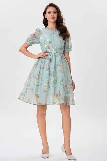 فستان اورغنزا تركواز بنقشة الزهور