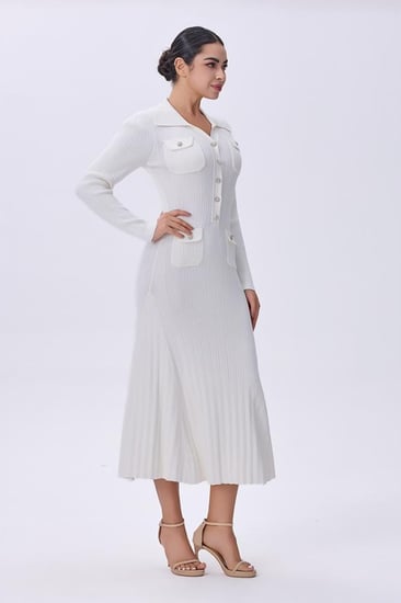 فستان أبيض استرتش بأزرار أمامية
