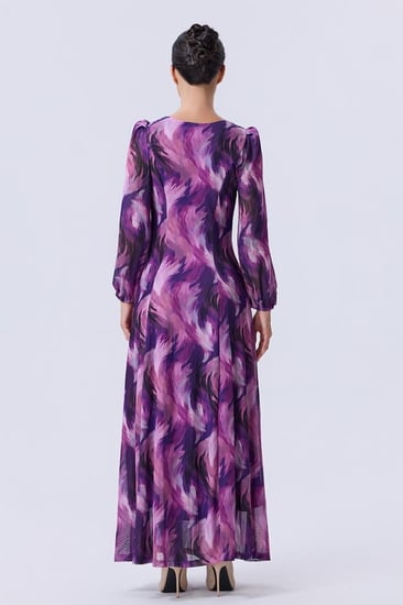 فستان بنفسجي مطبع طويل بياقة مربعة