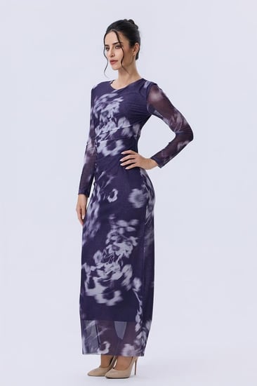 فستان بنفسجي طويل مطبع بأكمام طويلة