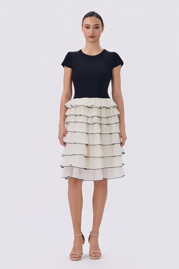 فستان ميدي أسود وأبيض بطبقات