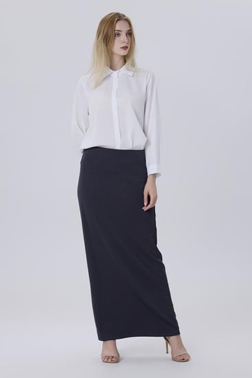 تنورة مقلم حياكه بارزه رصاصي مكسي