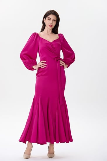 فستان ستان فوشيا مع رباط