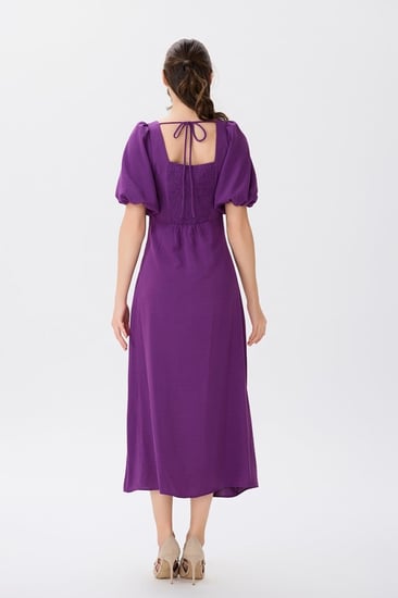 فستان كتان موف بياقة مربعة