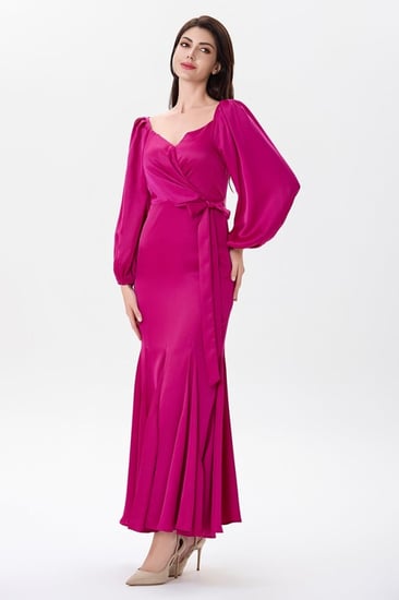 فستان ستان فوشيا مع رباط