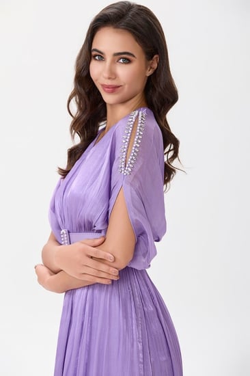 فستان ليلكي شيفون لماع مع كريستال