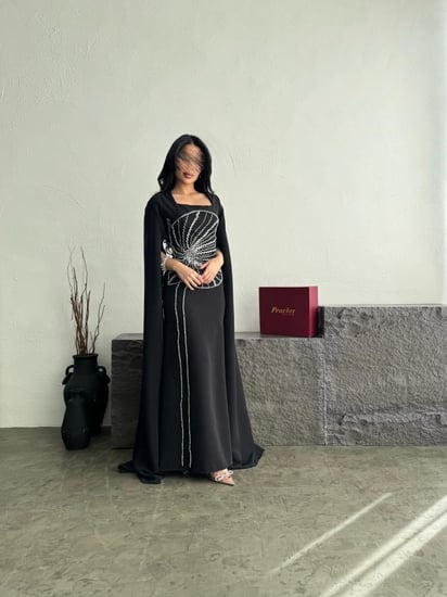 فستان سهره كيب اسود تطريز كريستالات