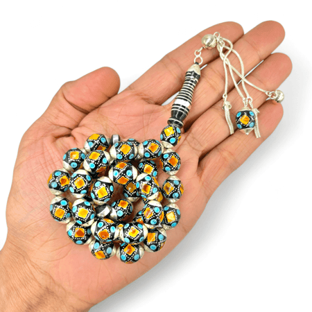 سبحة يسر مطعم بالفضة و الكهرمان و حجر الفيروز 10 ملي