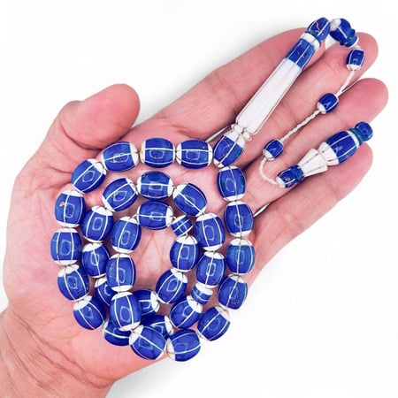 سبحة عاج ناب الفيل طبيعي مع كسر حجر اللازورد و الفضة