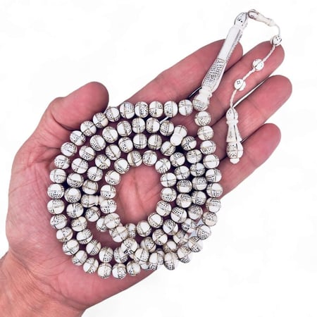 سبحة عاج ناب الفيل مطعم فضة عيار 925