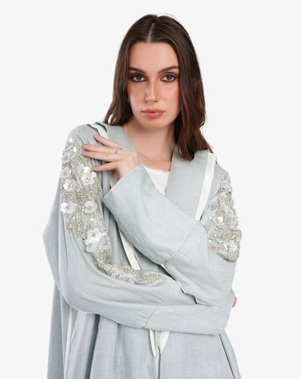 L016-عباية لنن تفني تطريز