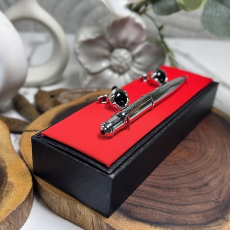 طقم فاخر قلم وكبك فضي أسود 6