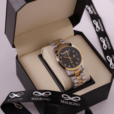 ساعة رجالية ذهبي مع فضي مينا باللون الاسود