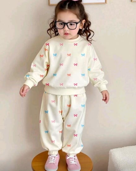 طقم بناتي مكون من قطعتين بنطلون وبلوفر برسومات فيونكات