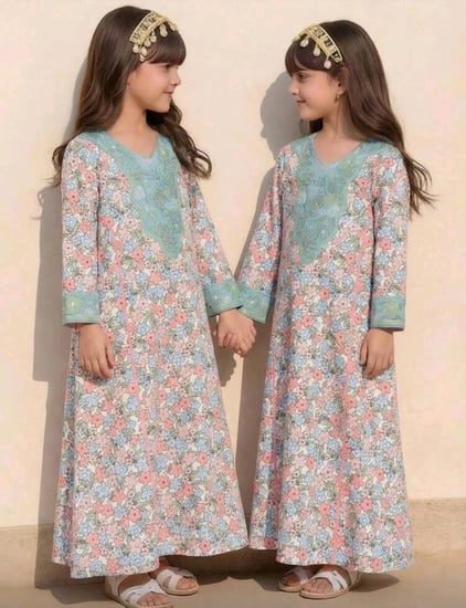جلابية بناتي أنيقه بياقة على شكل حرف V ورسومات زهور