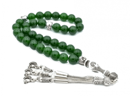 سبحة حجر يشم طبيعي عشبي غامق