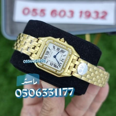 -ساعة كارتير بانثر نسائية ذهبية مع مينا أبيض بحروف لاتينية