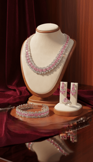 طقم مجوهرات فضي فاخر مرصع بالأحجار الوردية – تألقي ببريق ملكي