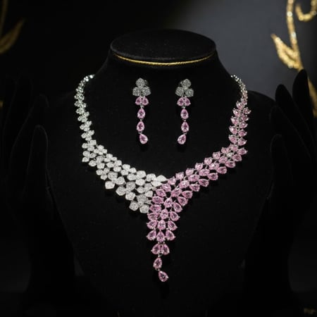 طقم مجوهرات فضي فاخر بأحجار وردية وشفافة  طقم زركونيا وردي فاخر jewelry  gift     luxury pink zirconia set