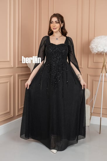 فستان سهرة فستان سهرة لامع مزين بشك بأكمام كيب لون اسود