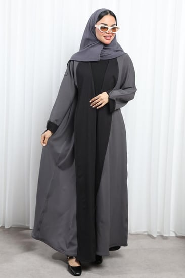 عباية دبل فيس أسود ورمادي أكمام مفتوحة