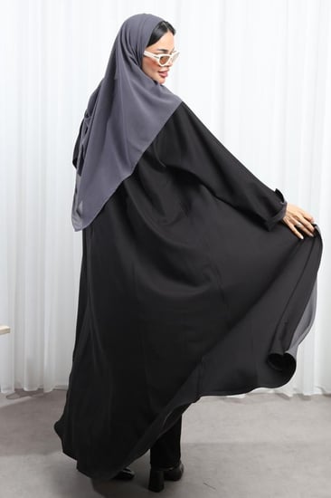 عباية دبل فيس أسود ورمادي أكمام مفتوحة
