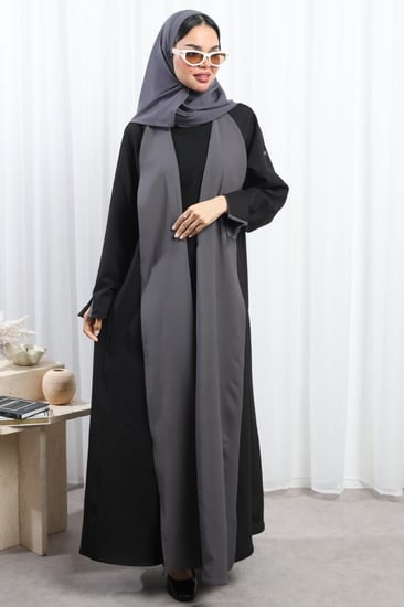 عباية دبل فيس أسود ورمادي أكمام مفتوحة