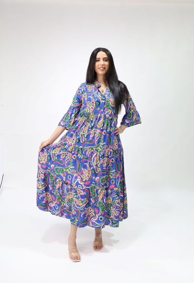 فستان ملمس قطني ناعم  ازرق و اخضر  تركي