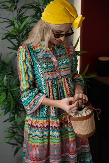 فستان ملمس قطني بالوان مموجة طويل 2025