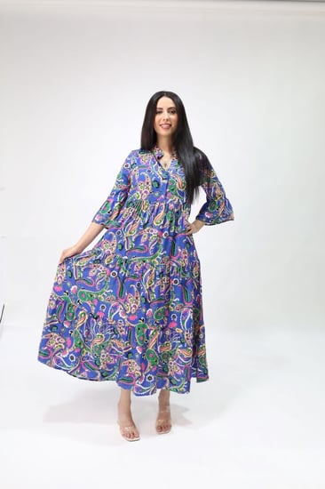 فستان ملمس قطني ناعم - " ازرق و اخضر "صناعة تركية  تركي .