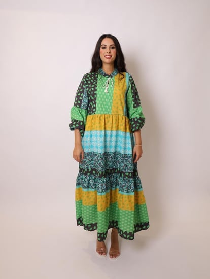 فستان عصري ملون ملمس قطني فاخر  صناعة تركية  اخضر  اسود اصفر  ب