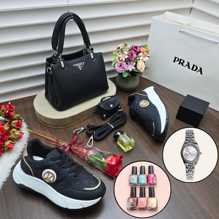 صور شنط برادا أسود مع حذاء شوز