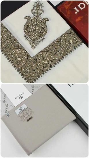 طقم قماش قوتشي شتوي فاخر مع شال مطرز وملحقات الماركة الكاملة