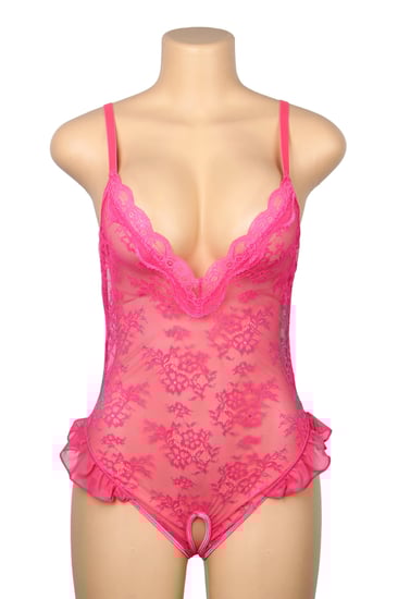 بودي سوت نسائي دانتيل شبكي روز  مع كشكش وفتحة أمامية