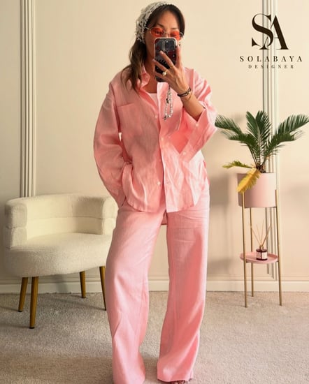 Baby pink ست لينن طبيعي بلون