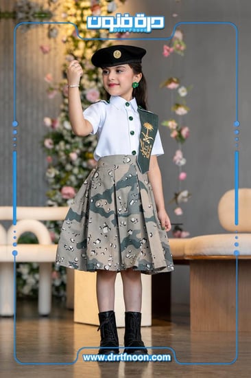 احتفلي باليوم الوطني بطقم عسكري بناتي تنورة قميص طاقية ببروش