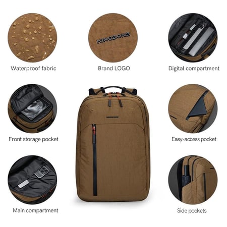كينجسون - عرض حقيبة ظهر للكمبيوتر المحمول مقاس 15.6 بوصة مبني مع حقيبة يد فاخرة مقاومة للماء - بني