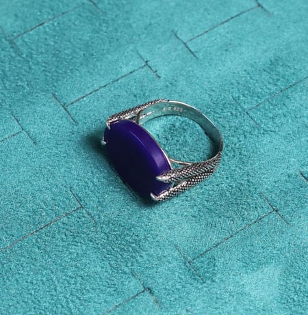 خاتم ملكي فضة عيار 925 بمقبض مُنقط - ازرق