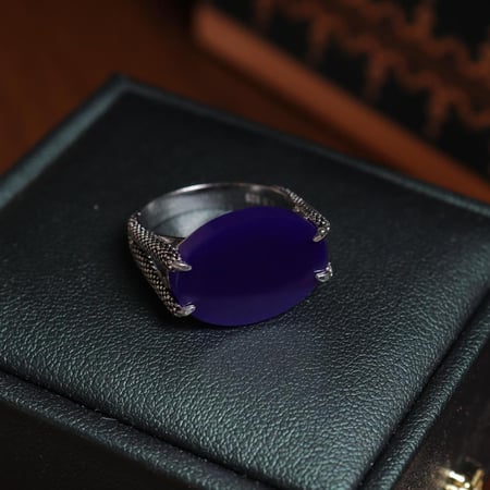 خاتم ملكي فضة عيار 925 بمقبض مُنقط - ازرق