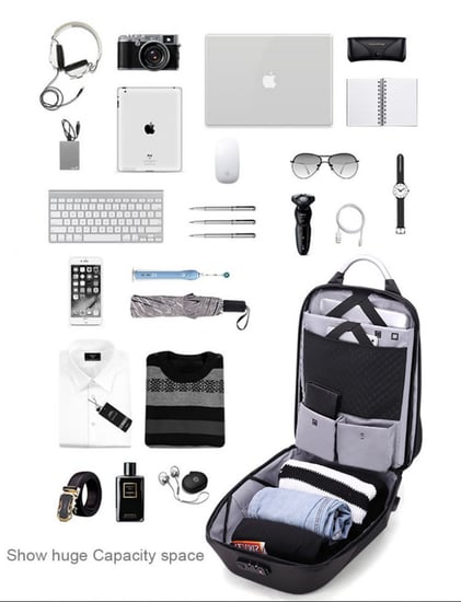 حقيبة ظهر لابتوب ذكية بقفل حماية ومنفذ USB لون رمادي فاتح