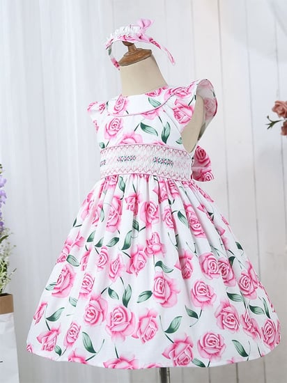 فستان بنات أسباني كلاسك أبيض مزهر