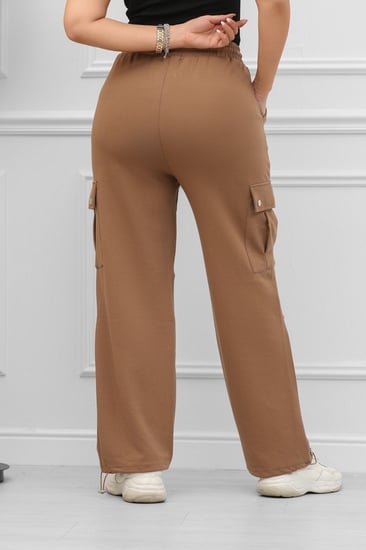 بنطال كاجوال نسائي قطني مزود بجيوب وخصر مطاطي