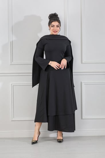 فستان كاجوال ماكسي بأكمام كاب وتنورة متعددة الطبقات