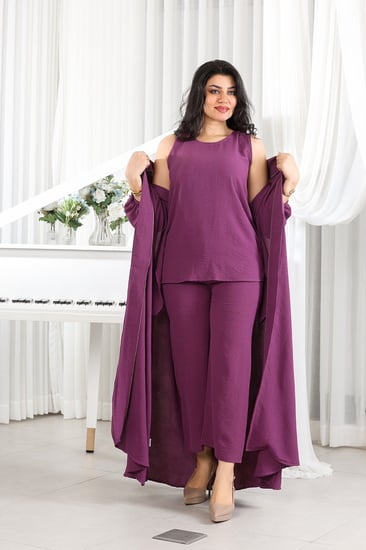 طقم نسائي كاجوال سادة 3 قطع جاكيت طويل