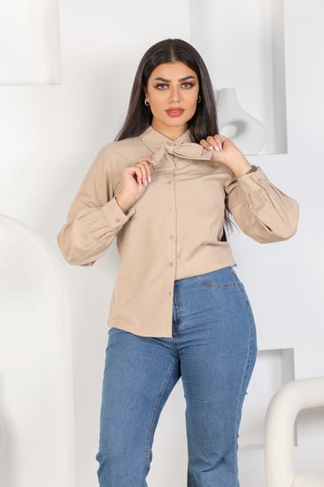 قميص نسائي طويل الأكمام مع ربطة عنق